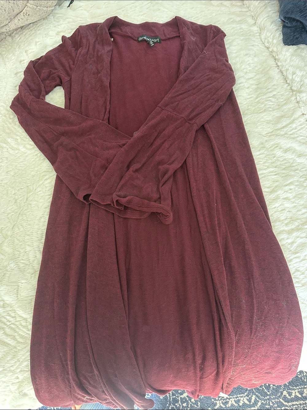 Derek Heart Long Sleeve Open Front Burgundy Dress